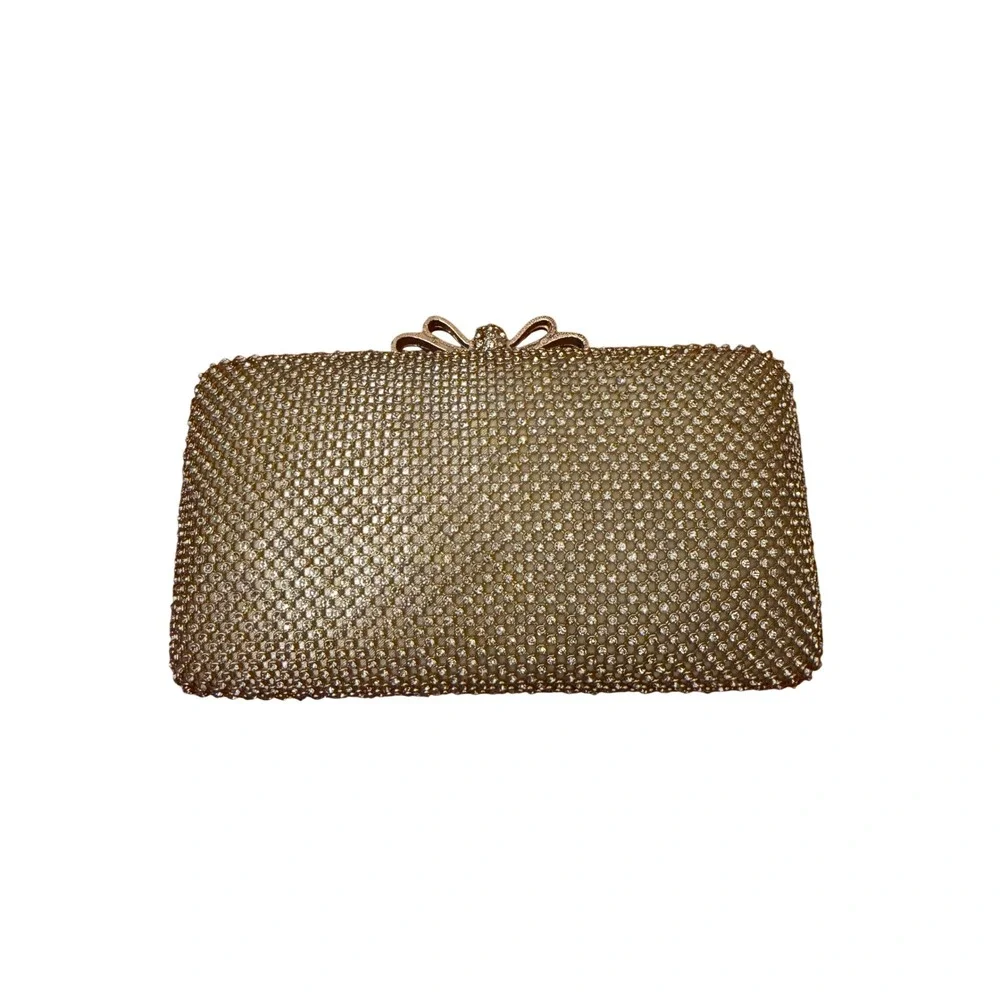 Dexmay Gold Rhinestone Evening Clutch Bag Crystal Bow Clasp Minaudiere Wedding